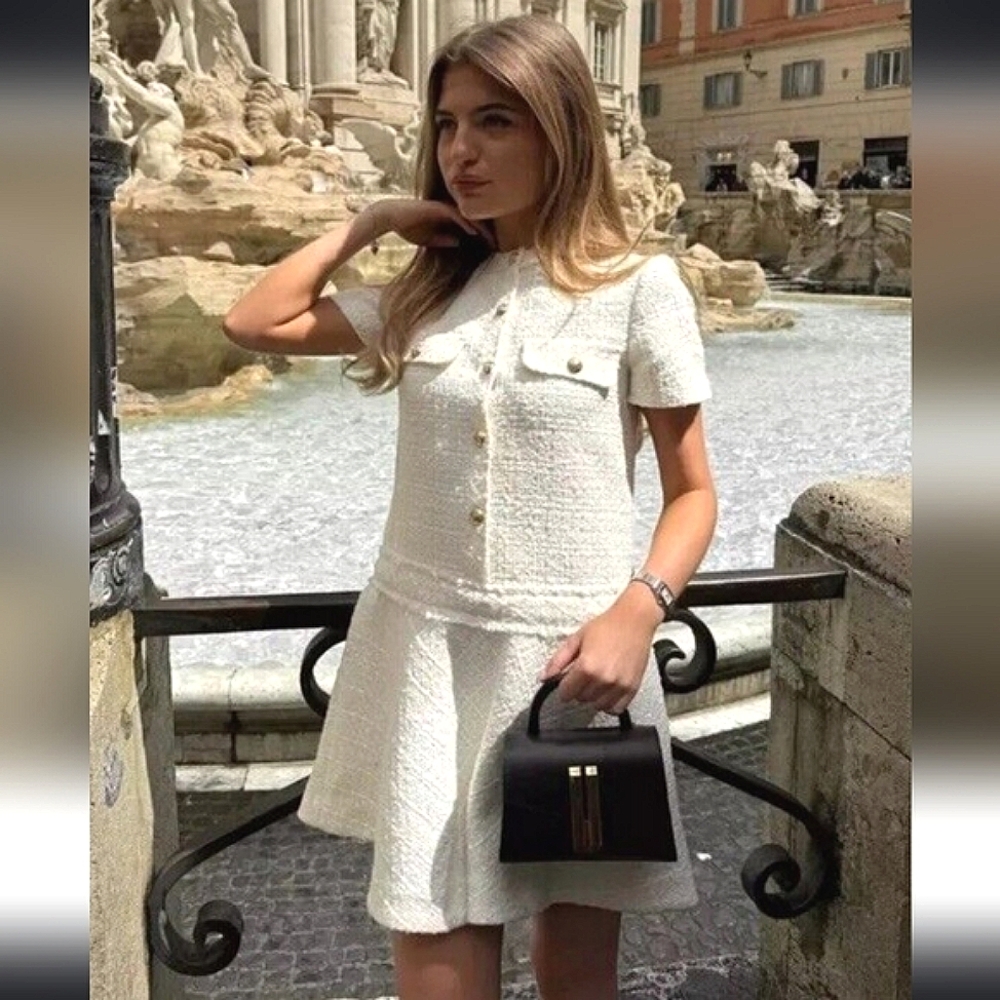 ZARA TEXTURED TWEED MINI DRESS ECRU